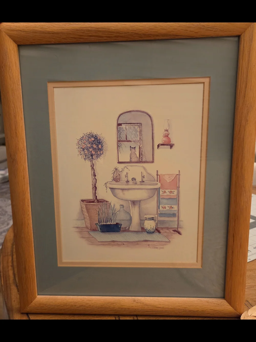 Vintage Carol Green Framed Bathroom Prints Set of 2 Cottagecore Farmhouse Art